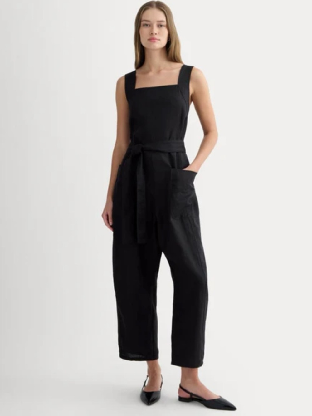 100% Linen Everlane black wide leg romper jumpsuit.3 pocket.Size 14